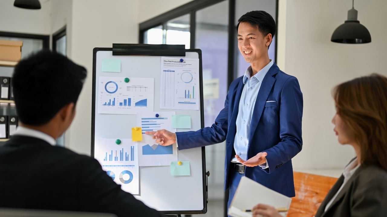 Man Pitching his ideas to the Boss