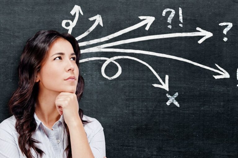 Woman in the process of decision making. Many arrows coming from her head.