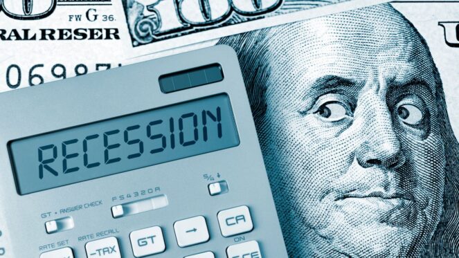 Calculator reading recession, Ben Franklin looking worried