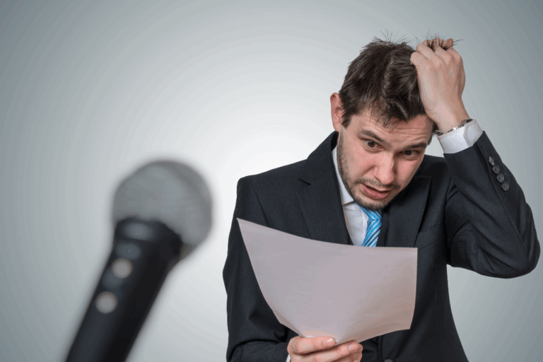 Man with fear of public speaking spins out in front of microphone