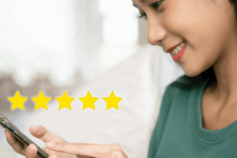 Asian woman Gives Five stars to Customer Service Superstar